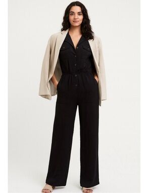 Monteau Black Button-Front Wide-Leg Jumpsuit